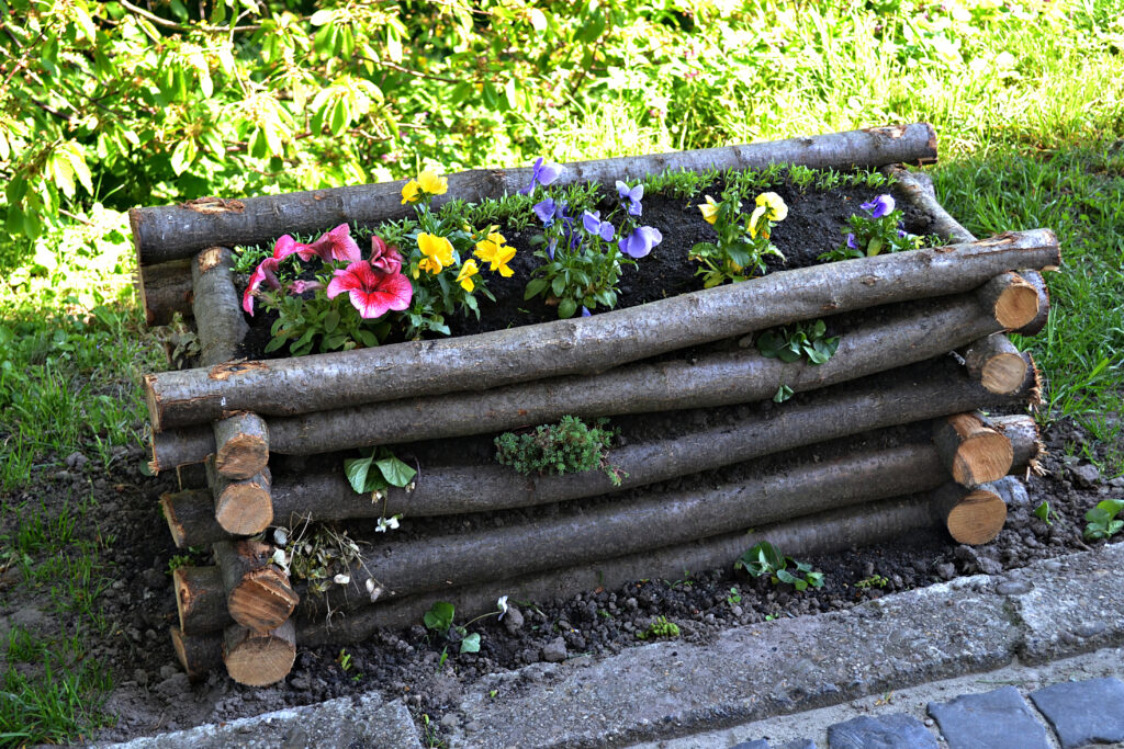 Højbed med stedmoderblomster bygget af trælægter